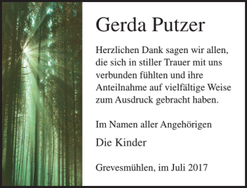 Traueranzeige von Gerda Putzer von Ostsee-Zeitung