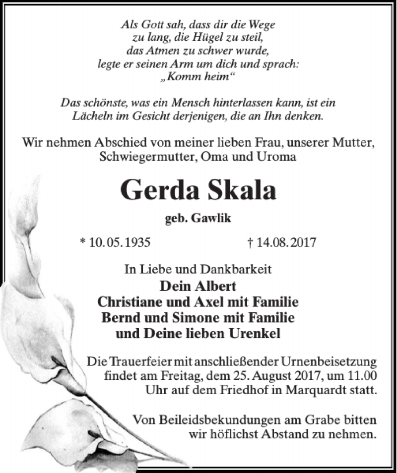  Traueranzeige für Gerda Skala vom 19.08.2017 aus MAZ-Trauer.de