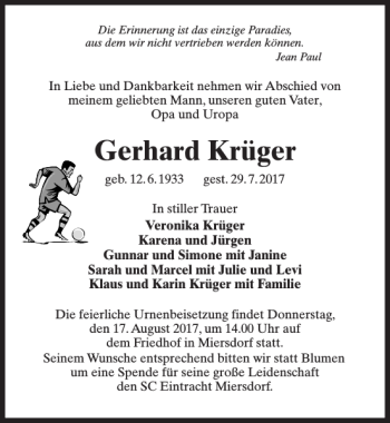 Traueranzeige von Gerhard Krüger von MAZ-Trauer.de