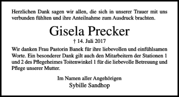 Traueranzeige von Gisela Precker von Ostsee-Zeitung
