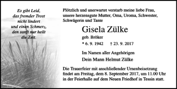 Traueranzeige von Gisela Zülke von Ostsee-Zeitung