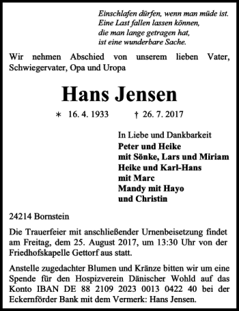 Traueranzeige von Hans Jensen von Kieler Nachrichten / Segeberger Zeitung