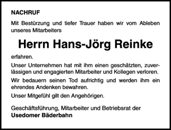 Traueranzeige von Hans-Jörg Reinke von Ostsee-Zeitung