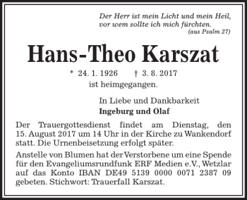 Traueranzeige von Hans-Theo Karszat von Kieler Nachrichten / Segeberger Zeitung