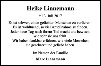 Traueranzeige von Heike Linnemann von Kieler Nachrichten / Segeberger Zeitung