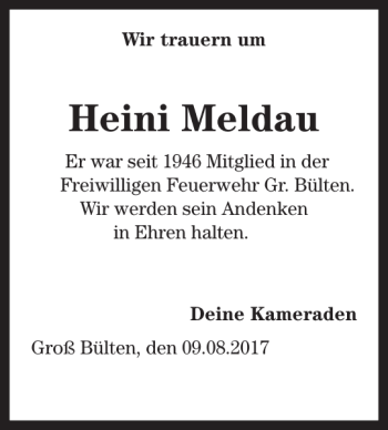 Traueranzeige von Heini Meldau von Peiner Allgemeine Zeitung