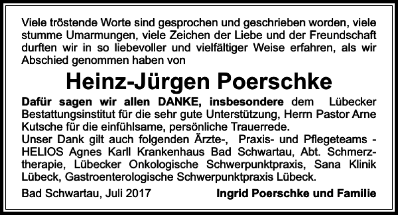  Traueranzeige für Heinz-Jürgen Poerschke vom 06.08.2017 aus Lübecker Nachrichten