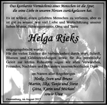 Traueranzeige von Helga Rieks von MAZ-Trauer.de