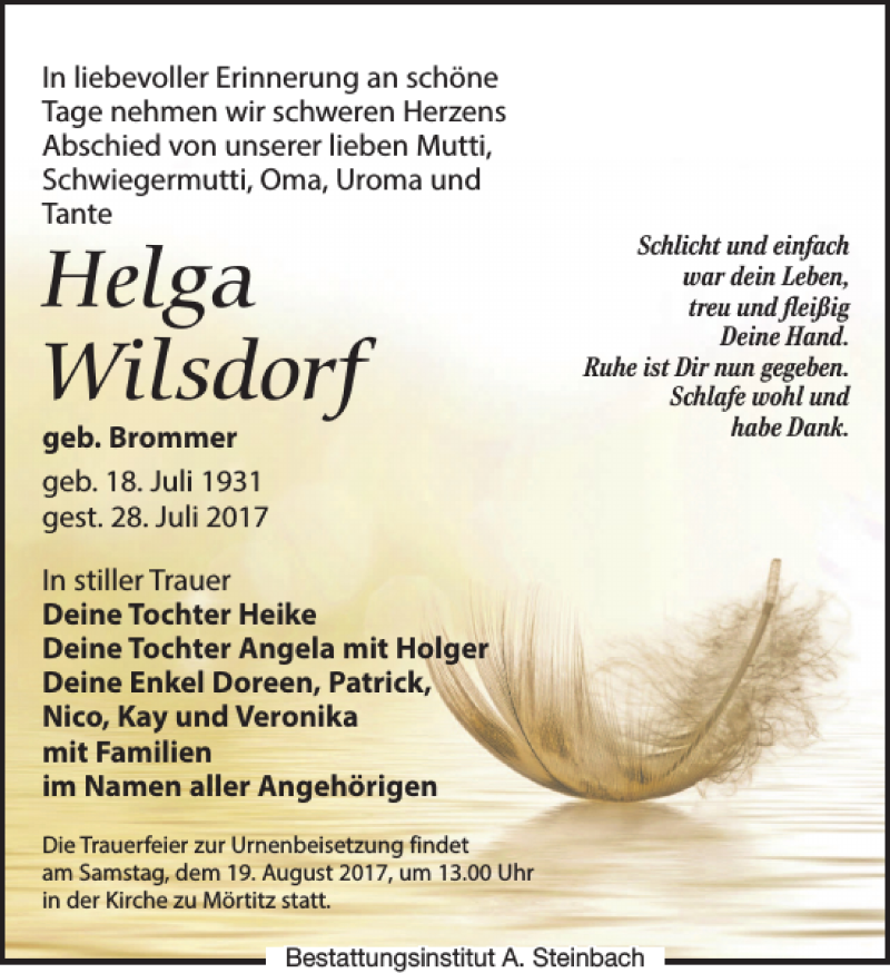  Traueranzeige für Helga Wilsdorf vom 05.08.2017 aus Leipziger Volkszeitung