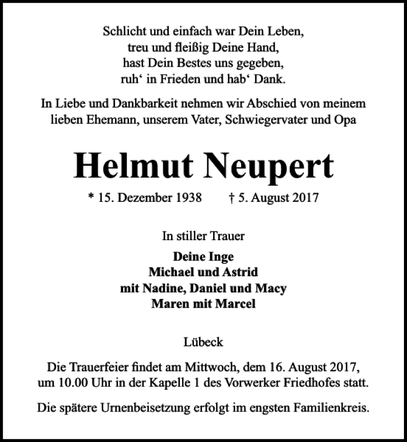 Traueranzeige für Helmut Neupert vom 13.08.2017 aus Lübecker Nachrichten