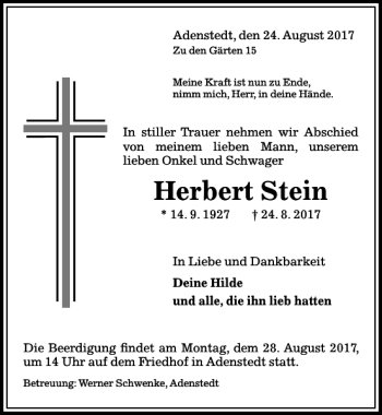 Traueranzeige von Herbert Stein von Peiner Allgemeine Zeitung
