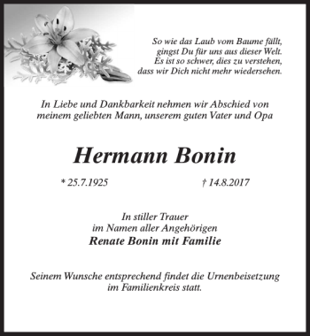 Traueranzeige von Hermann Bonin von MAZ-Trauer.de