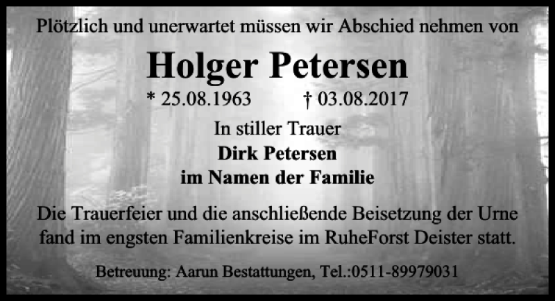 Traueranzeige für Holger Petersen vom 26.08.2017 aus HAZ/NP