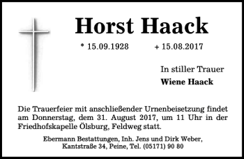 Traueranzeige von Horst Haack von Peiner Allgemeine Zeitung