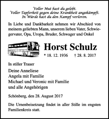 Traueranzeige von Horst Schulz von Ostsee-Zeitung