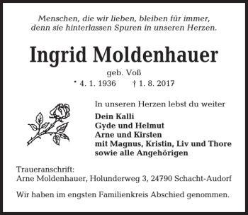 Traueranzeige von Ingrid Moldenhauer von Kieler Nachrichten / Segeberger Zeitung
