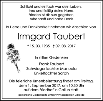 Traueranzeige von Irmgard Taubert von MAZ-Trauer.de