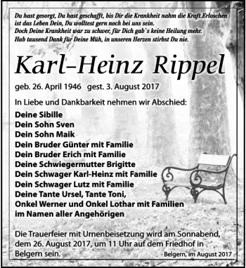 Traueranzeige von Karl-Heinz Rippel von Torgauer Zeitung