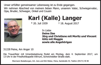 Traueranzeige von Karl Langer von Peiner Allgemeine Zeitung