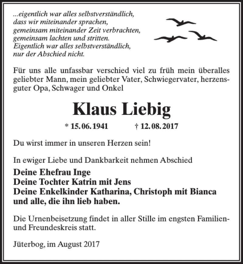  Traueranzeige für Klaus Liebig vom 19.08.2017 aus MAZ-Trauer.de