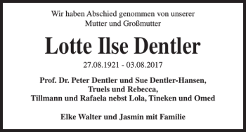 Traueranzeige von Lotte Ilse Dentler von Kieler Nachrichten / Segeberger Zeitung