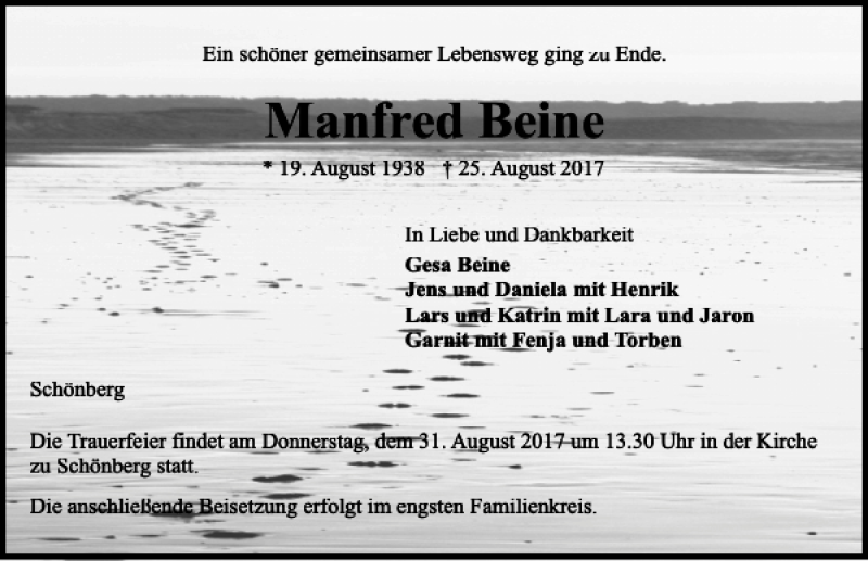  Traueranzeige für Manfred Beine vom 30.08.2017 aus Kieler Nachrichten / Segeberger Zeitung