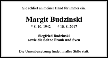 Traueranzeige von Margit Budzinski von MAZ-Trauer.de