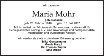 Traueranzeige von Maria Mohr von Leipziger Volkszeitung