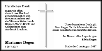Traueranzeige von Marianne Degen von Peiner Allgemeine Zeitung