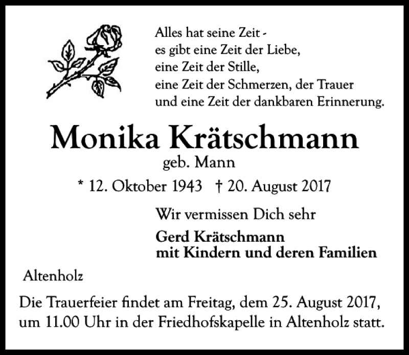  Traueranzeige für Monika Krätschmann vom 23.08.2017 aus Kieler Nachrichten / Segeberger Zeitung