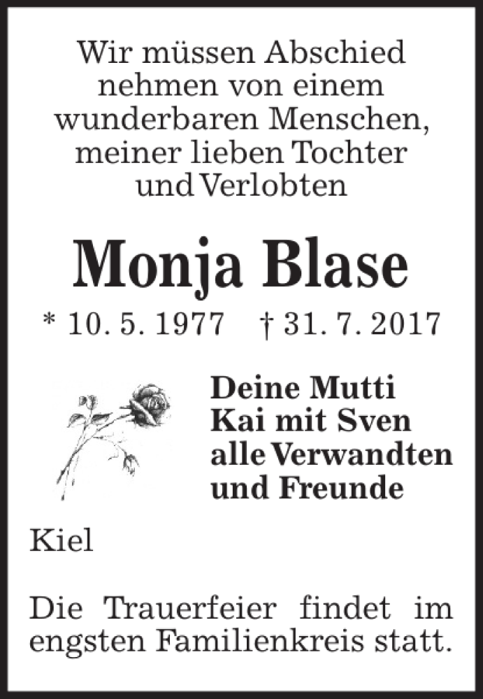  Traueranzeige für Monja Blase vom 05.08.2017 aus Kieler Nachrichten / Segeberger Zeitung