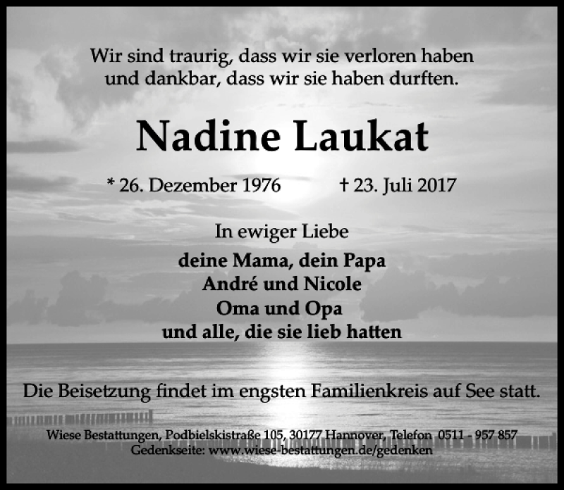  Traueranzeige für Nadine Laukat vom 05.08.2017 aus HAZ/NP