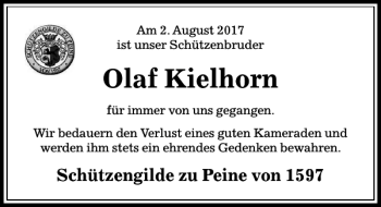 Traueranzeige von Olaf Kielhorn von Peiner Allgemeine Zeitung