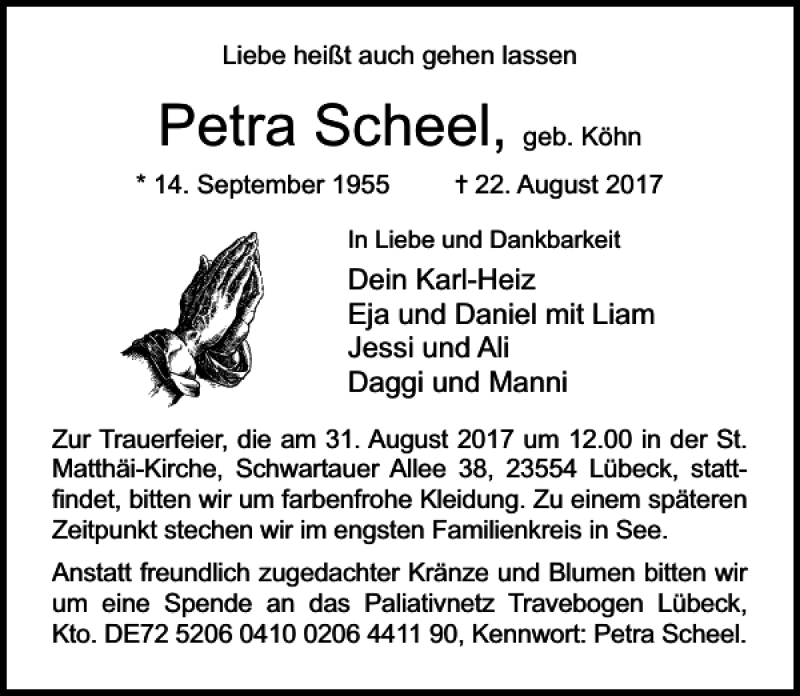  Traueranzeige für Petra Scheel vom 27.08.2017 aus Lübecker Nachrichten