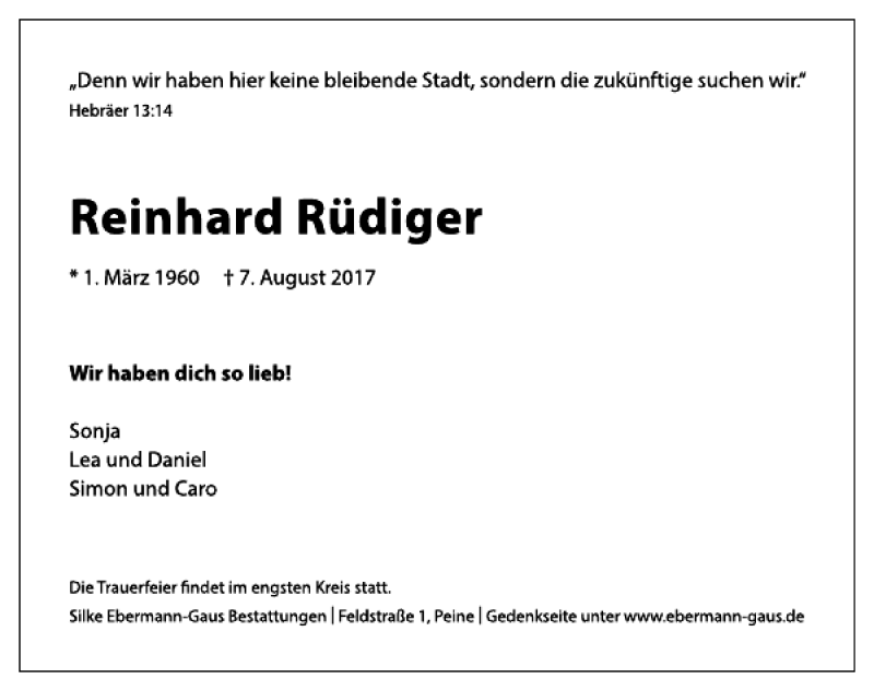  Traueranzeige für Reinhard Ruediger vom 12.08.2017 aus Peiner Allgemeine Zeitung