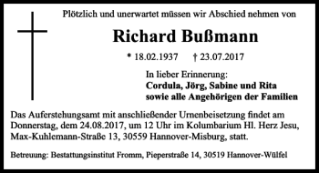 Traueranzeige von Richard Bußmann von HAZ/NP