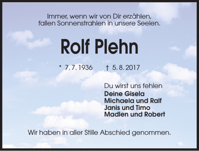  Traueranzeige für Rolf Plehn vom 19.08.2017 aus Kieler Nachrichten / Segeberger Zeitung