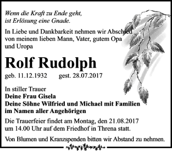 Traueranzeige von Rolf Rudolph von Leipziger Volkszeitung