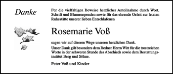 Traueranzeige von Rosemarie Voß von Ostsee-Zeitung