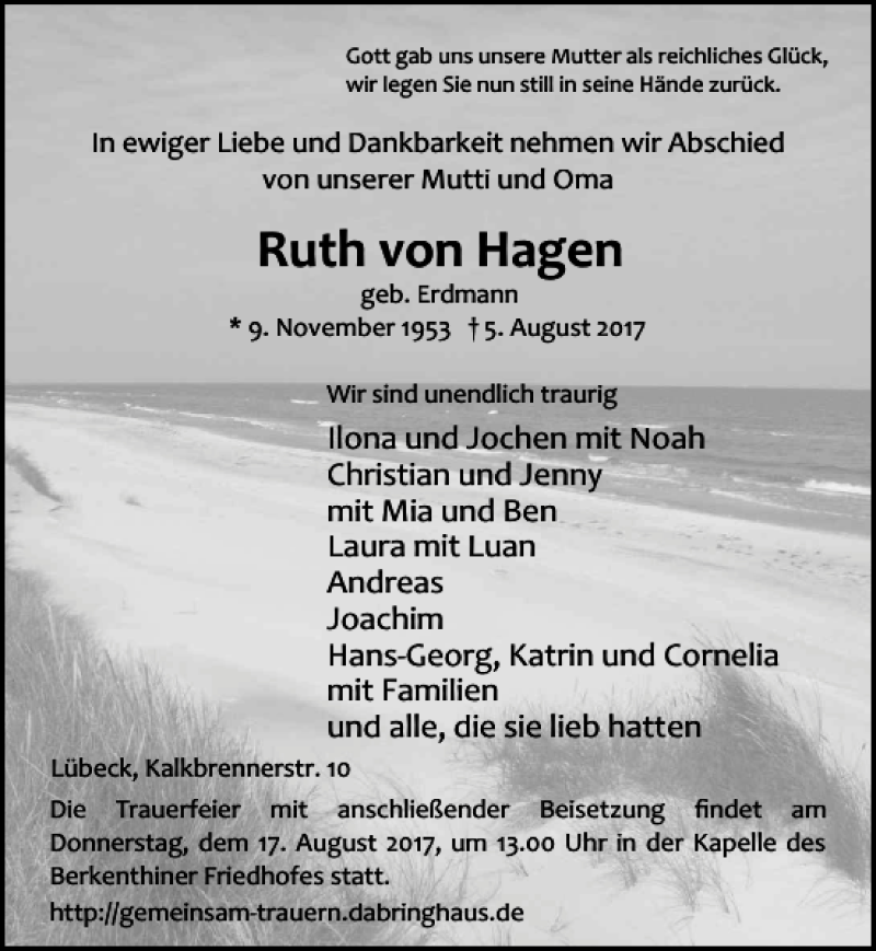  Traueranzeige für Ruth von Hagen vom 13.08.2017 aus Lübecker Nachrichten