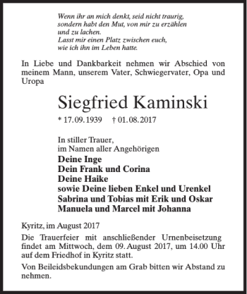 Traueranzeige von Siegfried Kaminski von MAZ-Trauer.de