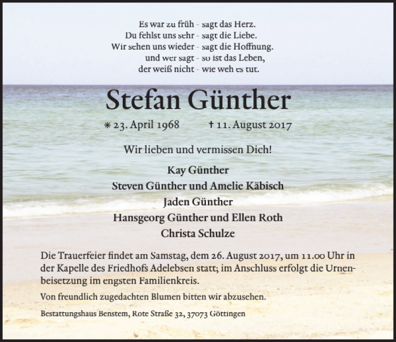 Traueranzeige für Stefan Günther vom 19.08.2017 aus Göttinger Tageblatt