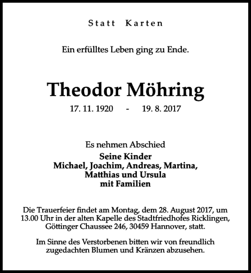  Traueranzeige für Theodor Möhring vom 23.08.2017 aus HAZ/NP