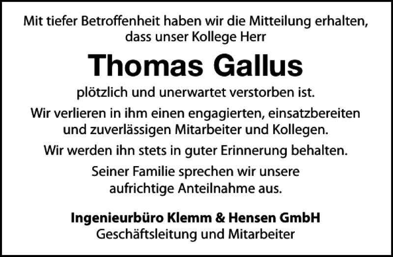  Traueranzeige für Thomas Gallus vom 26.08.2017 aus Leipziger Volkszeitung