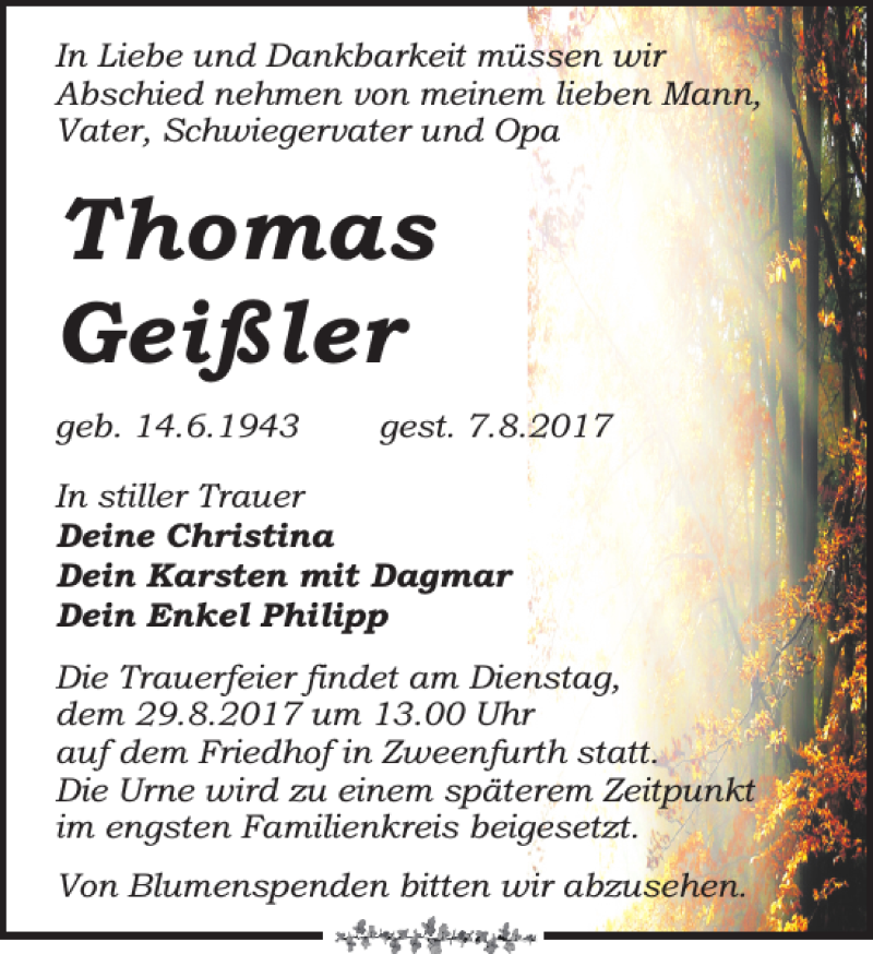  Traueranzeige für Thomas Geißler vom 19.08.2017 aus Leipziger Volkszeitung
