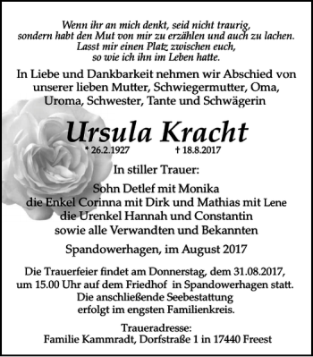 Traueranzeige von Ursula Kracht von Ostsee-Zeitung