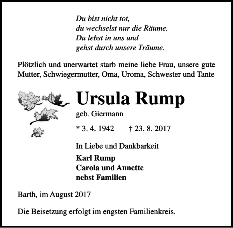  Traueranzeige für Ursula Rump vom 26.08.2017 aus Ostsee-Zeitung