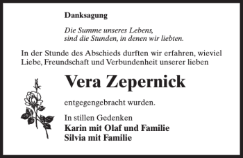 Traueranzeige von Vera Zepernick von MAZ-Trauer.de