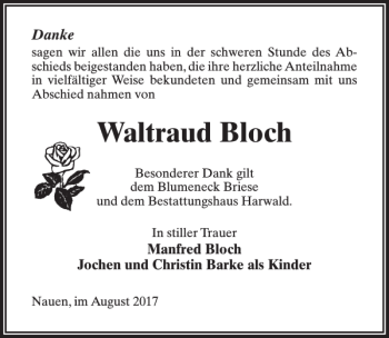 Traueranzeige von Waltraud Bloch von MAZ-Trauer.de