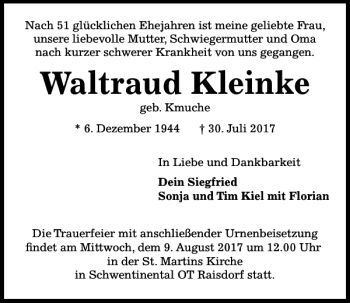 Traueranzeige von Waltraud Kleinke von Kieler Nachrichten / Segeberger Zeitung